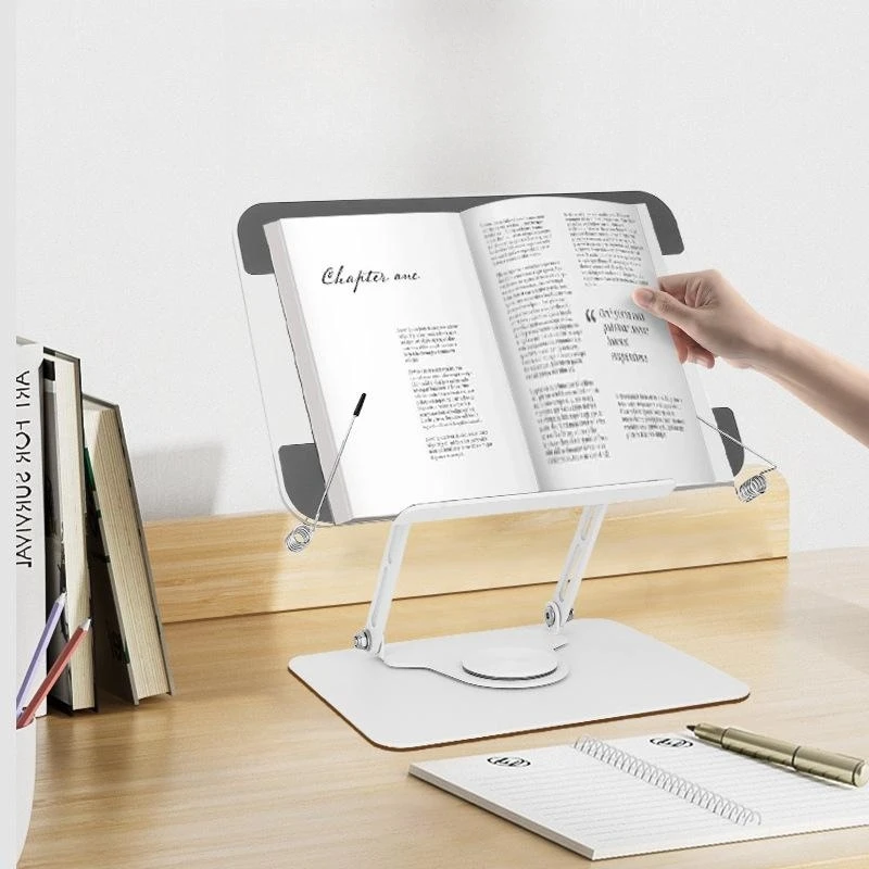 Custom metal 360 Rotatable cookbook holder reading desk stand comic book display folding transparent acrylic book stand