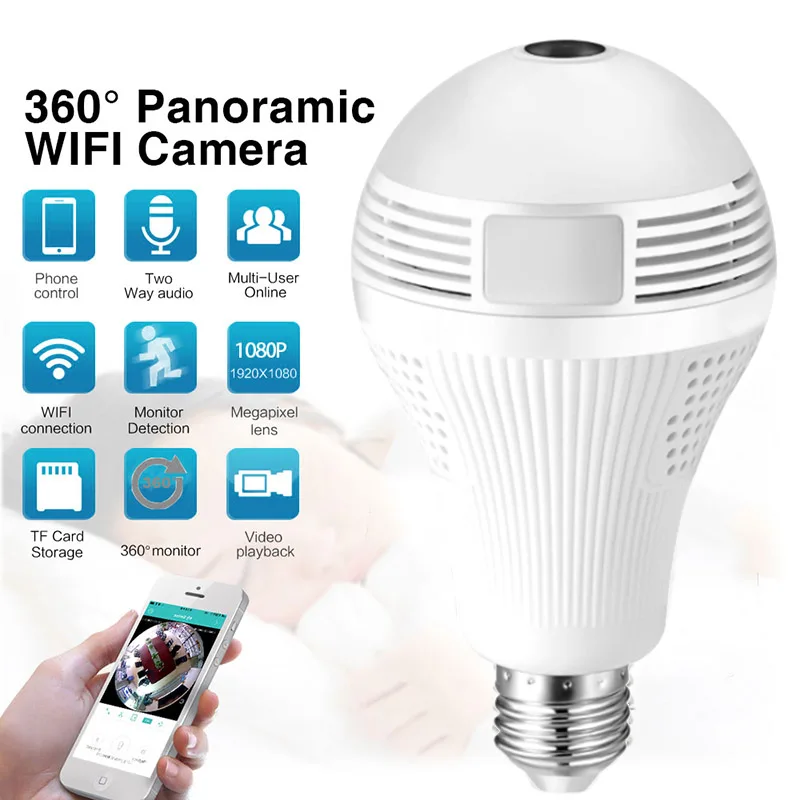 Беспроводной лампочки камеры 360 градусов 110-220V Wifi 1080p Fisheye Ip камера видеонаблюдения лампа Cctv видео регистратор с камерой ночного