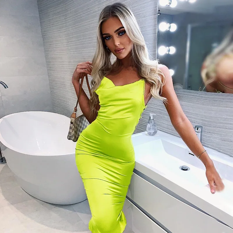 Satin Backless Sexy Party Midi Sleeveless 2022 Winter Fall Fashion Prom Club Evening Apparel Women Wholesale Clothing Dress