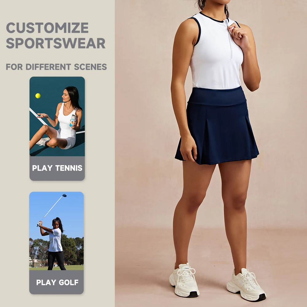 Luckpanther Sleeveless Back Hollow With Front Zipper Golf Polo Shirt And Solid Mini Tennis Skirt Tennis Set Tennis Wear