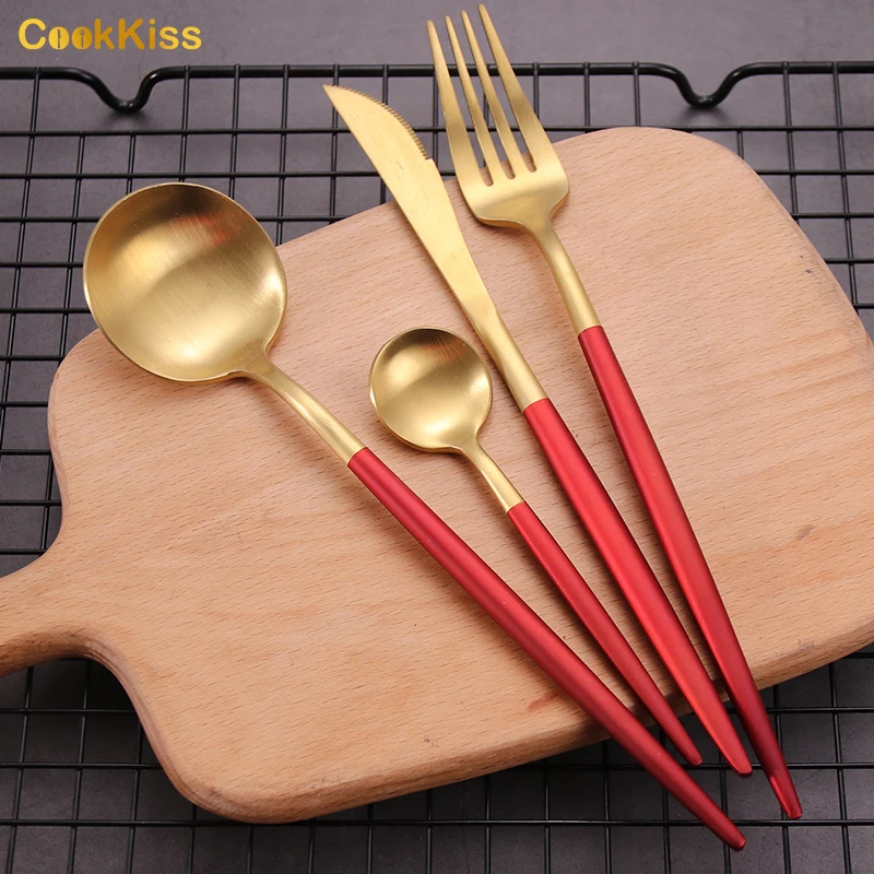 Набор столовых приборов для домашнего ужина 5 штук столовые приборы из матового красного золота с вилкой цветные свадебные металлические