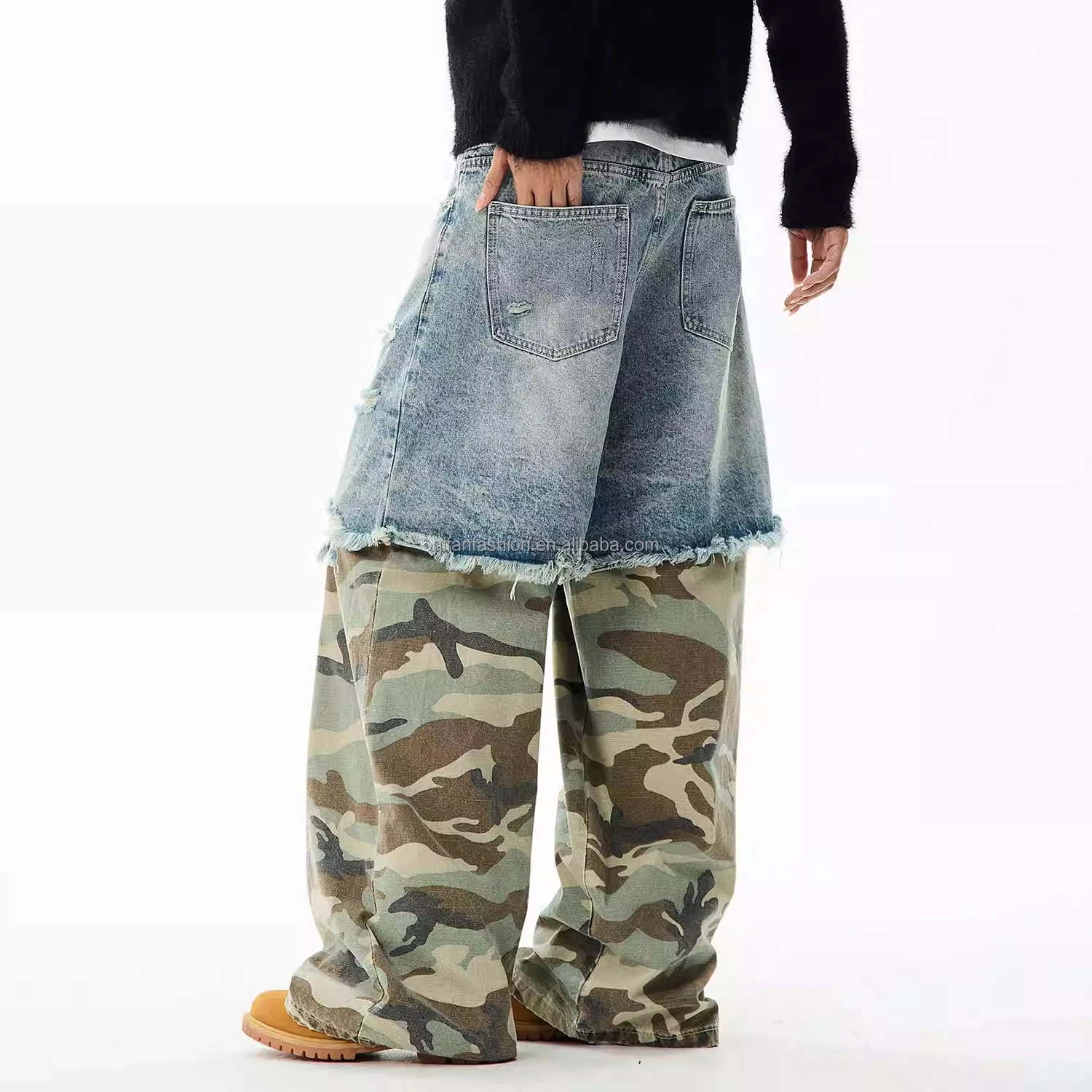 Custom camouflage denim pants trousers bottom torn wash camo double layer 2 in 1 jeans for men