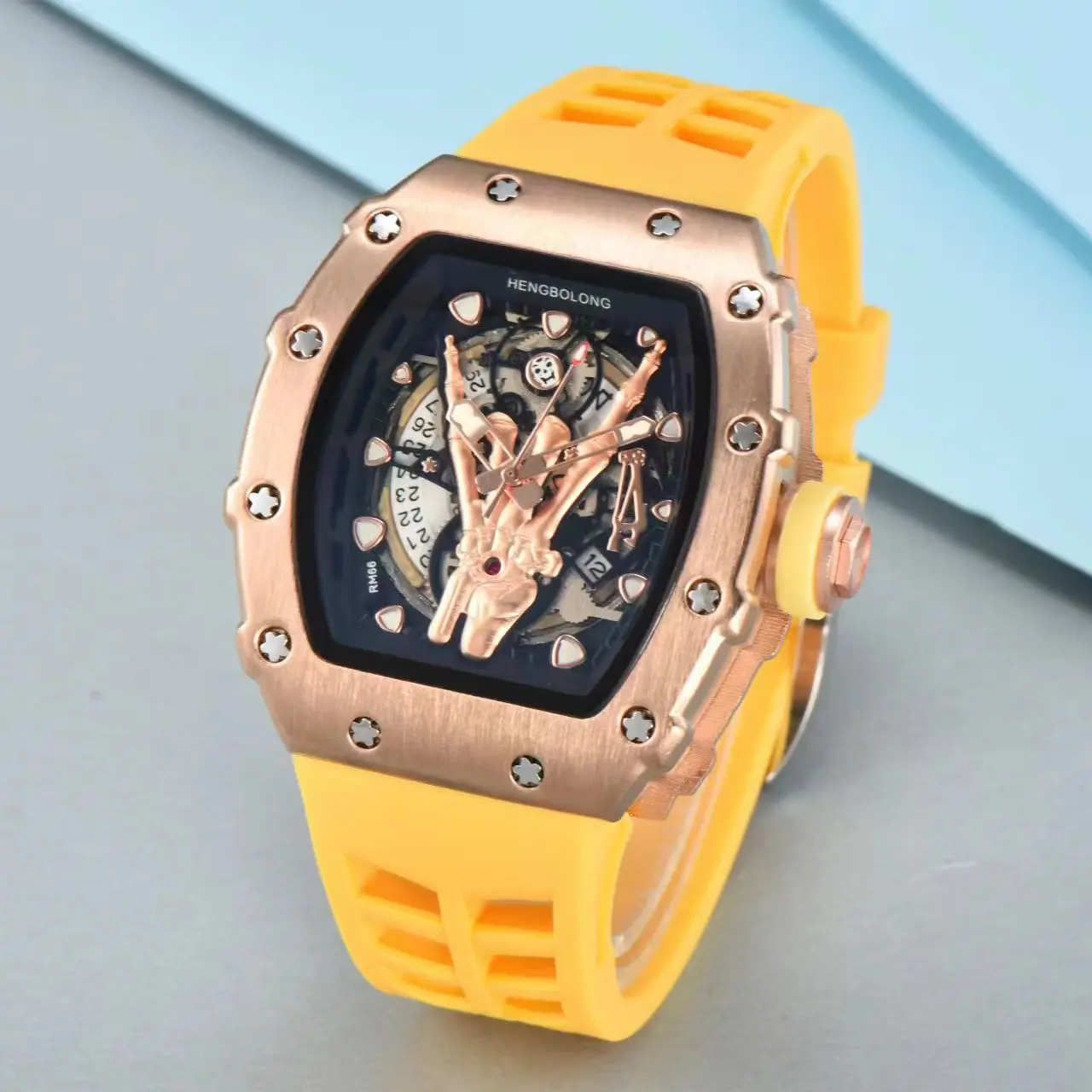 Ghost Hand Wine Barrel Quartz Watch for Men Tonneau Dial Orange Silicone Strap Silver Sport Wristwatch