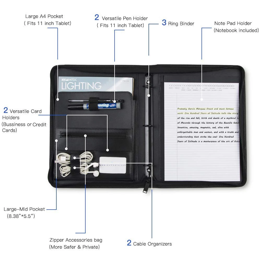 Portfolio Folder, PU Leather Document Organizer  with Round Ring Binder