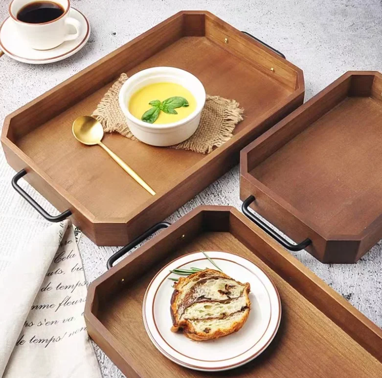 Elegant Custom-Size Walnut and Paulownia Wooden Tray Serving Set Vintage Rectangle Tea Tray with Solid Wood Handle for Home Use