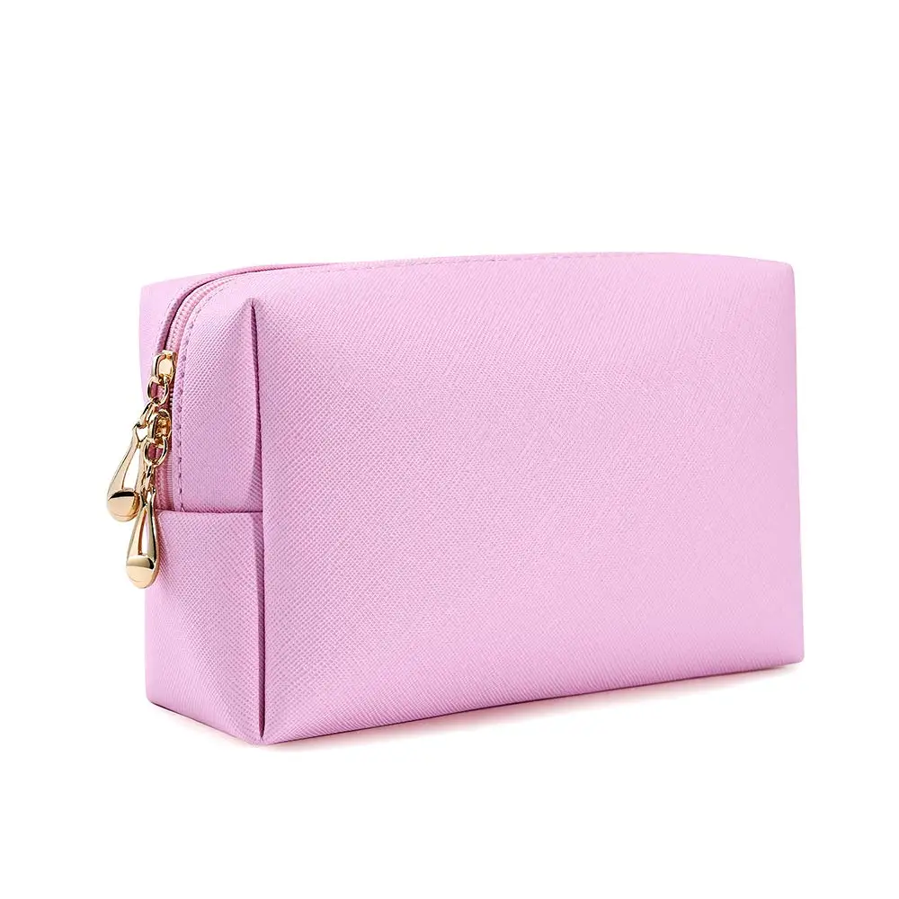Hot women beauty Pink Saffiano PU Leather Pochette with Double Gold Color Metal Zipper Puller Waterproof Cosmetic Bag