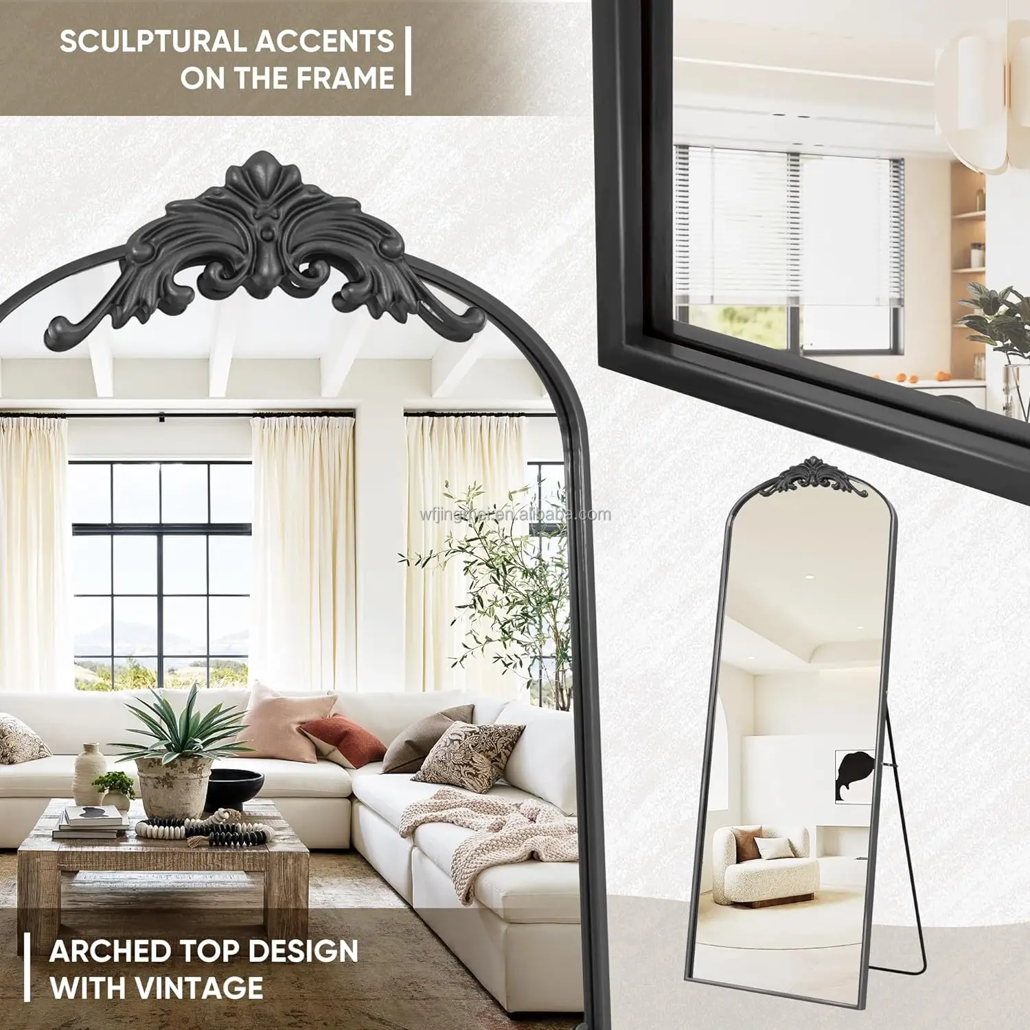 Arched Full Length Mirror,  Floor Mirror Freestanding with Carved Metal Frame, Traditional Vintage Ornate Baroque Mirror