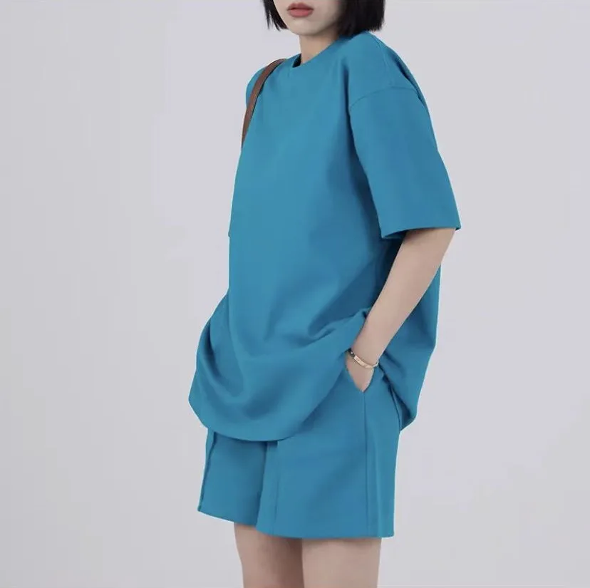 custom womens clothing  sweat suit   2 piece t shirt tracksuit set women High Waist Short Pants Suits  t shirt and shorts