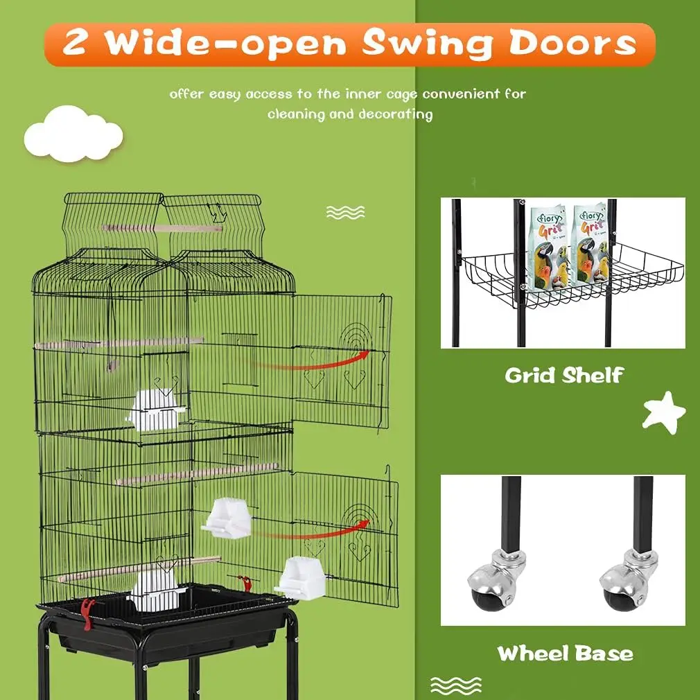 2025 New 64-Inch Wrought Iron Bird Cage Detachable Rolling Stand Open Top Design Parakeets Small Medium Parrots Black Animal