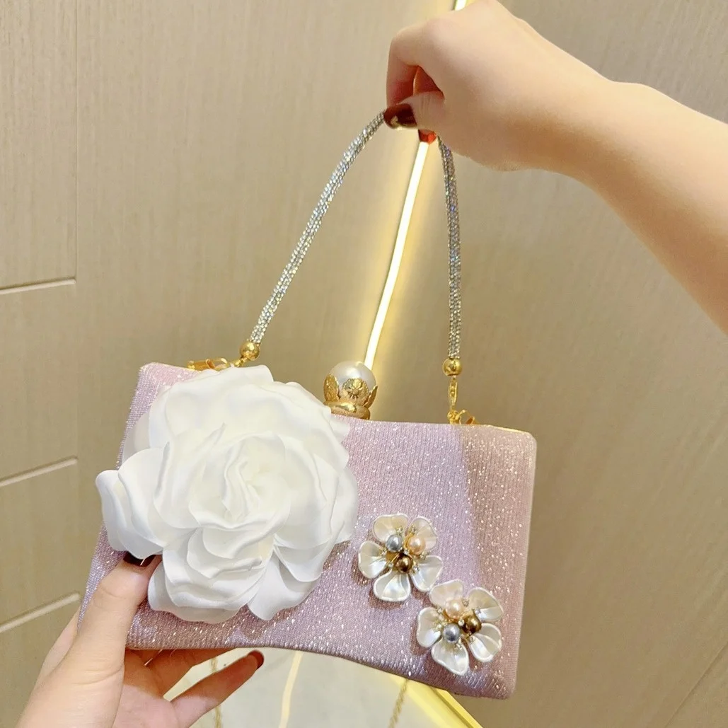 Fashion Women 3D Floral Clutch Purse Handbag Ladies Underam Party Handbags Handmade Flower Shiny Wedding Evening Bags