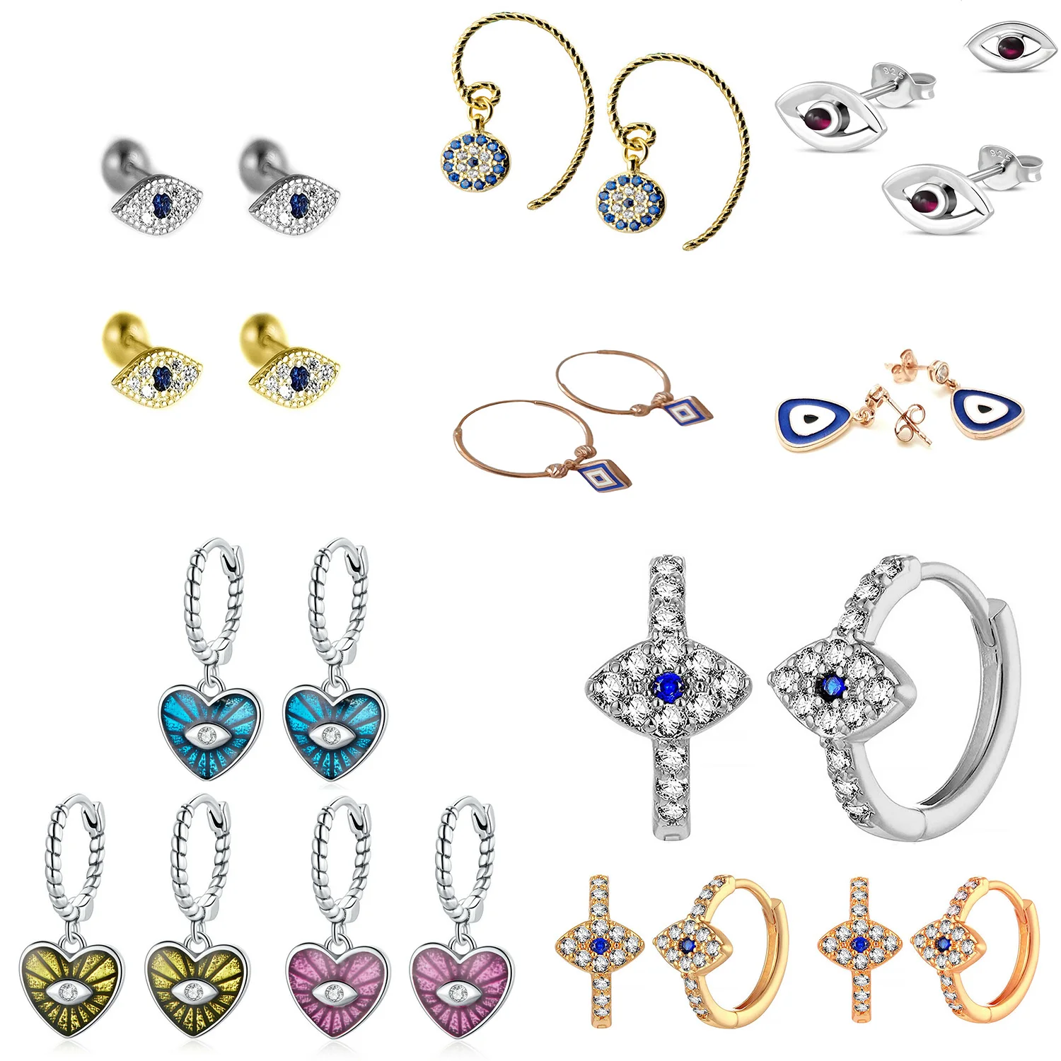 Wholesale Turkey Different Design Rattan Blue Oem Stud Baby Tiny Gold Plated Heart Hoop 925 Sterling Silver 14K Evil Eye Earring