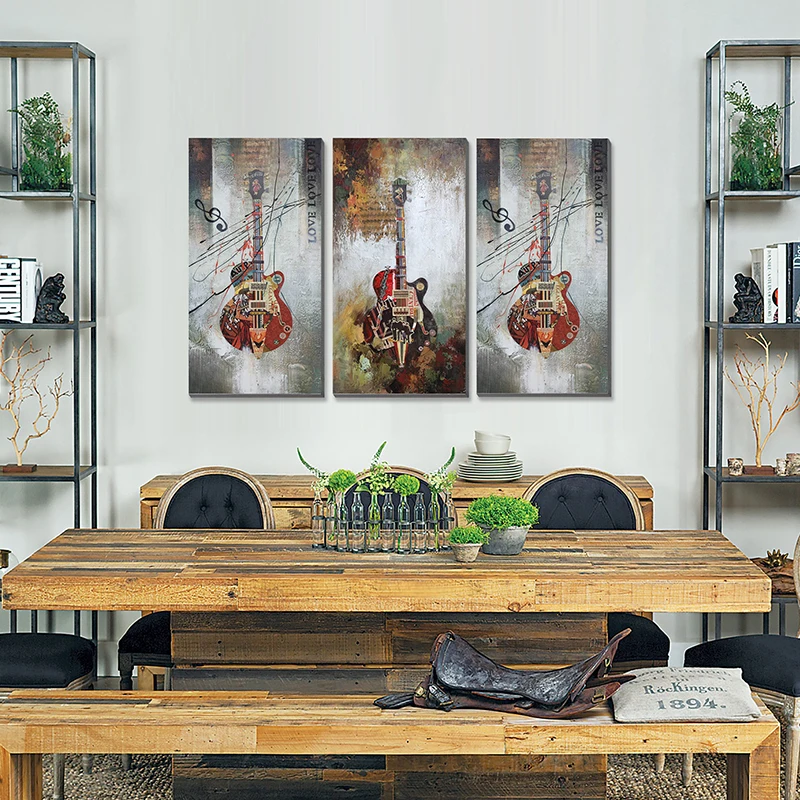 Home decor Abstract background oil Painting on canvas with black guitar paper collage art