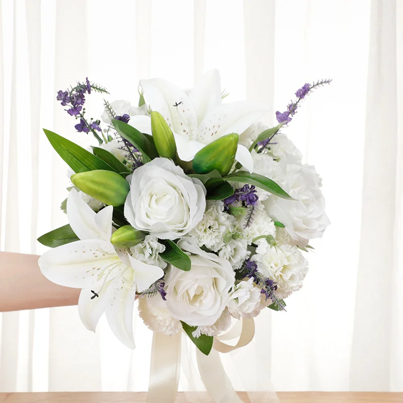Artificial Flower lily  With leaf Hemp Rope Wedding  flower Bridal Bouquet