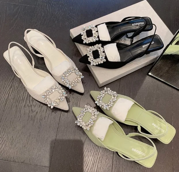 Женские босоножки на высоком каблуке, сандалии с острым носком и квадратной пряжкой, со стразами, обувь для офиса и свадьбы, 2023