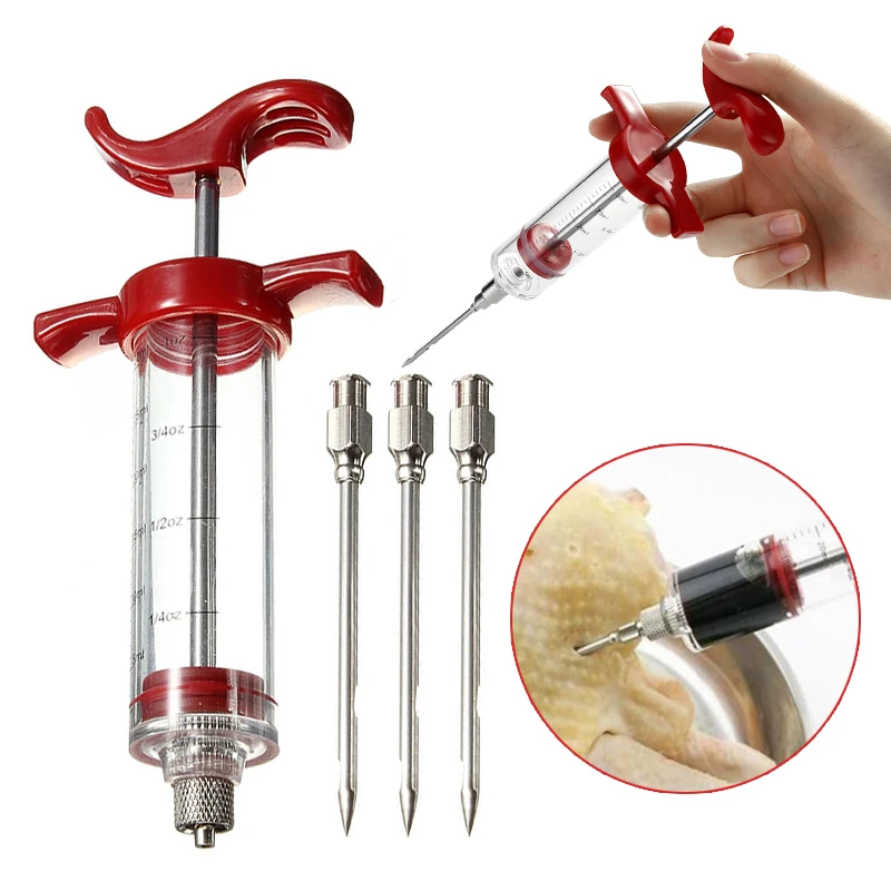 Screw-on Needle BBQ Meat Syringe Marinade Injector with 3 Stainless Steel Needles Turkey Chicken Syringe for  Kitchen  BBQ Tools