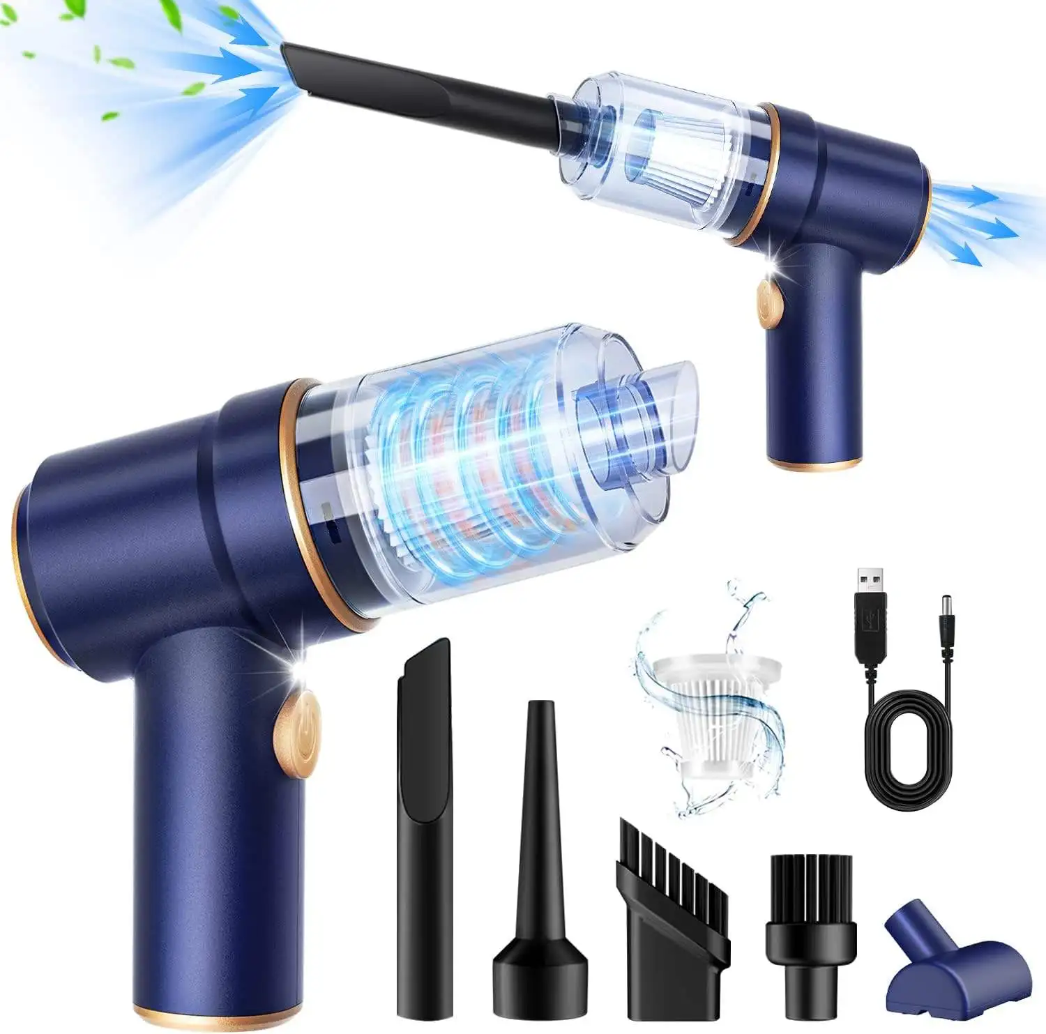Portable Mini 3-in-1 Rechargeable Handheld Car Vacuum Cleaner Wireless USB Powered with LED Light Washable Filters for Dry Use