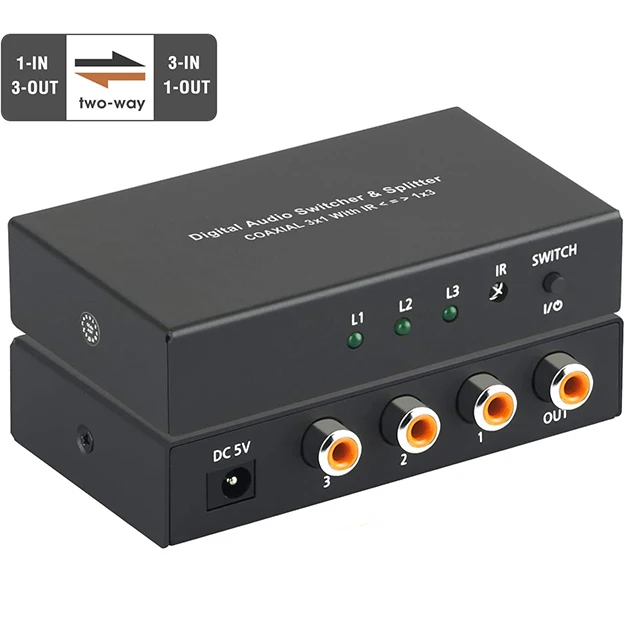 Fibra ptica  3X1 & 1X3 Coaxial Digital Audio Splitter To Usb Converter Switch With Ir Remote Control Power Cable