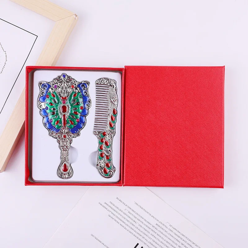 European metal handle mirror alloy palace peacock mirror retro portable vanity cosmetic mirror factory direct sales