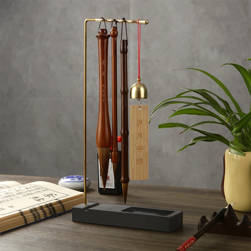 Brass Chinese Calligraphy Brush Pen Holder with 8 Needles & Ink Stone Base Desk Organizer Ink Hanger