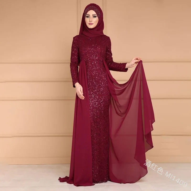 Top Seller 2021 Abaya Muslim Dresses African Clothing Elegant Turkey Maxi Dresses Sequin Muslim Long Sleeves Dress