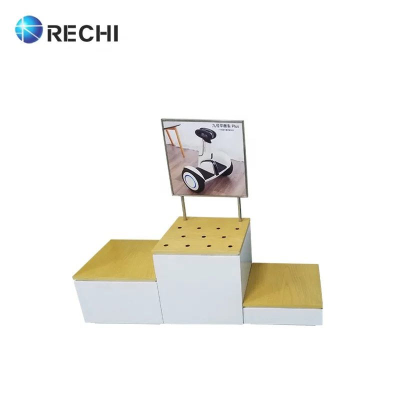 RECHI Mobile Phone Store Display Fixture Floor Standing Wooden Retail Pop-up Display Stand With Sign for Electric Car Balance