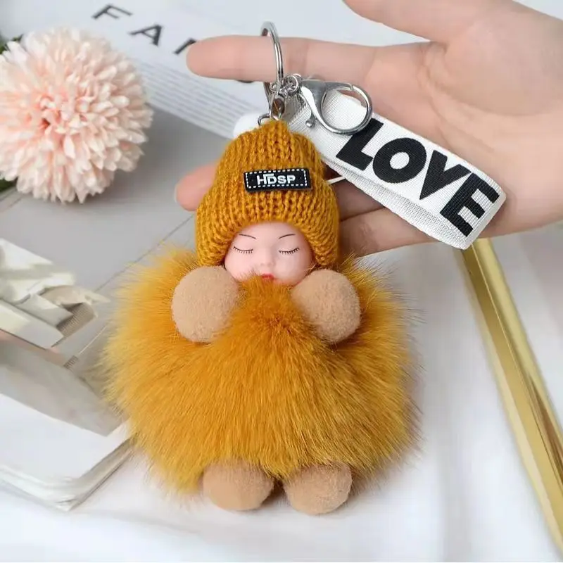 Wholesale Puff Ball Real Fox Fur Ball Pendant Key Chain Cute Sleeping Doll Plush Accessories Car KeyRing Pompom