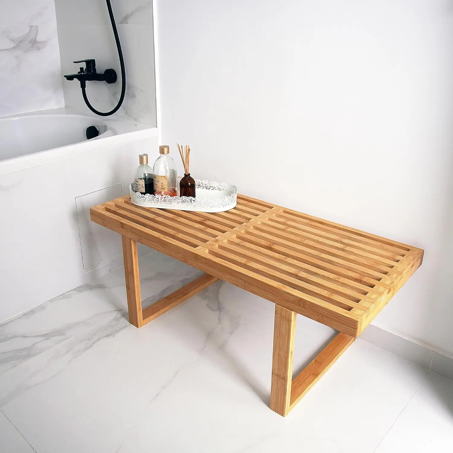 Natural Slat Entryway Bench  Portable Bamboo Stool Wooden Bench for Dining Bedroom Living Room Kitchen Hallway