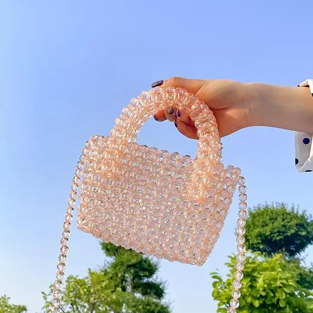 Diy Hand woven colorful beads bag women transparent crystal beaded bag handbag
