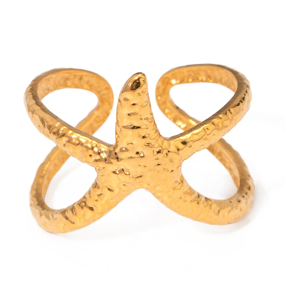 Waterproof Summer Ocean Series Finger Jewelry PVD Gold Plated Stainless Steel Hollow Starfish Open Boho Rings For Women