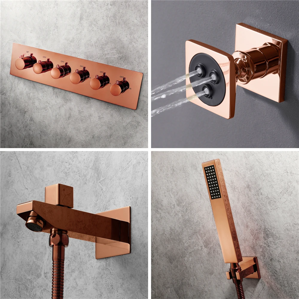 16 Inch LED Mist Rain&Waterfall Shower Head with Music Speaker Thermostatic Shower Valve Ceiling Embedded Shower Faucet Set