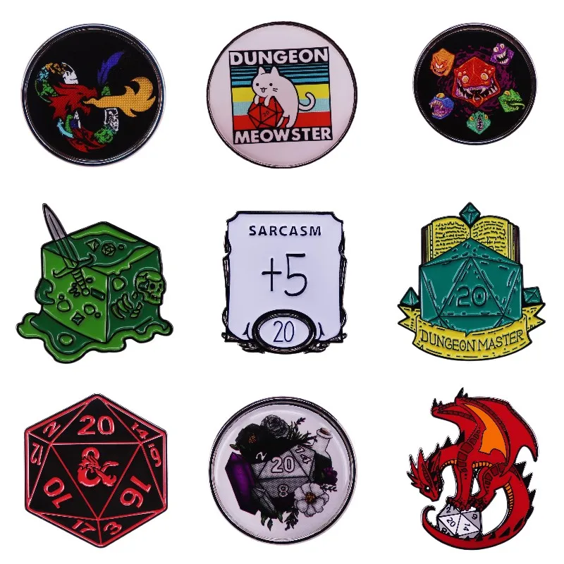 Hard Enamel Pins Fun Card Game Lapel Pin Dice Dragons Cat Badge Cartoon Animals Jewelry for Clothes Backpack Gifts for Game Fans