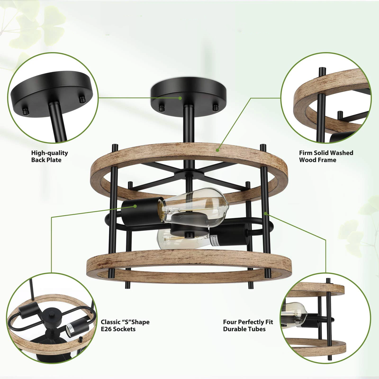 2-light Retro Semi Flush Mount Ceiling Light Fixture Rustic Vintage Wood Ceiling Light Black Metal Industrial Farmhouse Ceiling