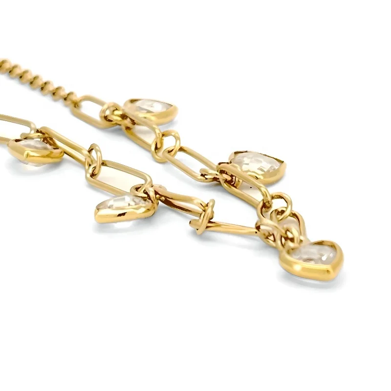 Handmade quality Choker Necklace Silver 18K Gold Plated Hanging Hearts Briolette Zircon Bezel Setting Stone Link Chain for women