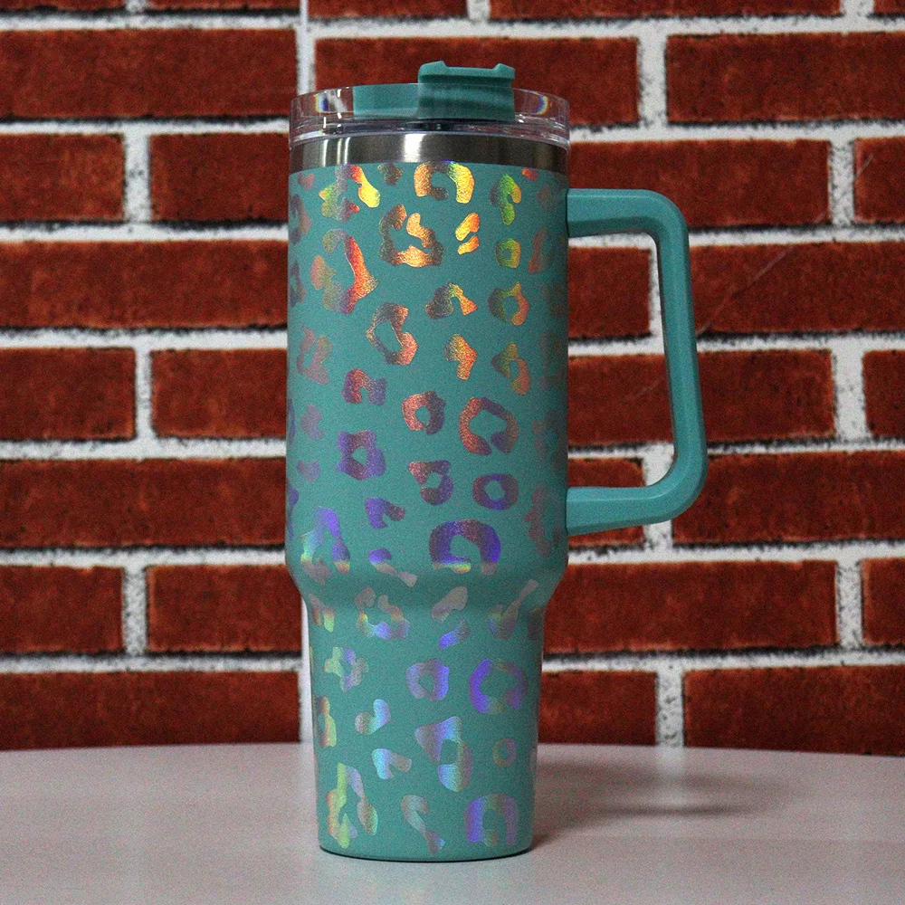 New High Capacity Laser Leopard print with handle 40OZ Double Layer Insulation Rainbow Car Cup with Straw