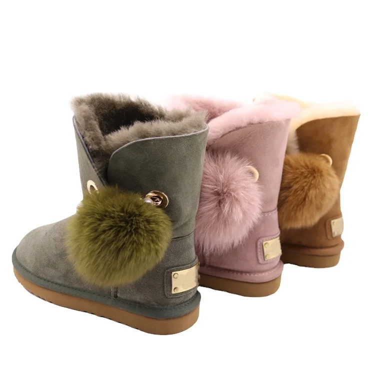 CF-286 Double Face Sheepskin With Pompon Women Snow Boots Rabbit Fur