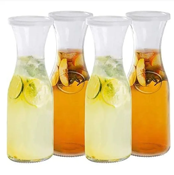 Glass Carafe Pitchers, Beverage Dispensers, Clear Jugs For Mimosas Water Milk and Juice, with Plastic Lids
