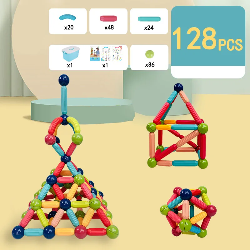 128pcs early education 3D magnetic sticks set magnetic construction building blocks balls and bar stacking STEM toy