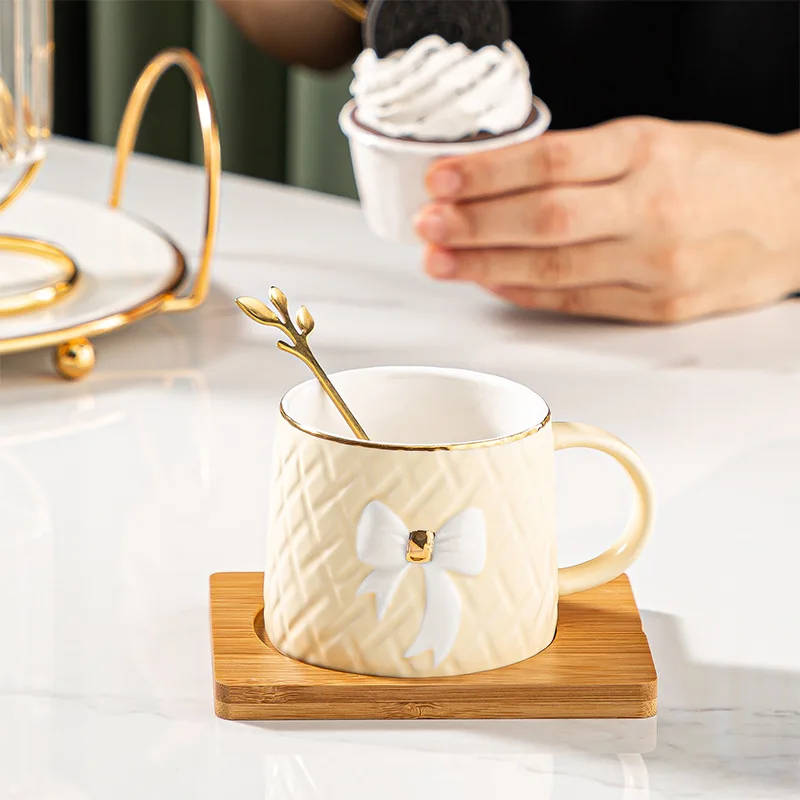 Creative European style ceramic round handle mug saucer with spoon saucer color glaze business gift  tea coffee cup