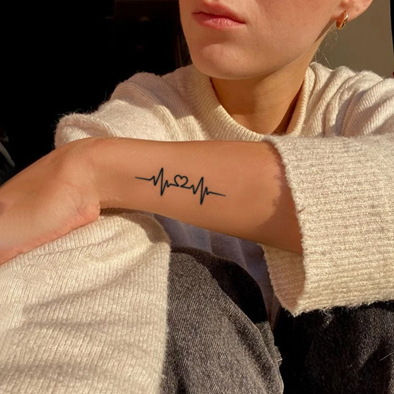 Custom inkbox heart beat simple line Hand Flower matte blue  Waterproof plant based semi permanent TemporaryTattoo Sticker