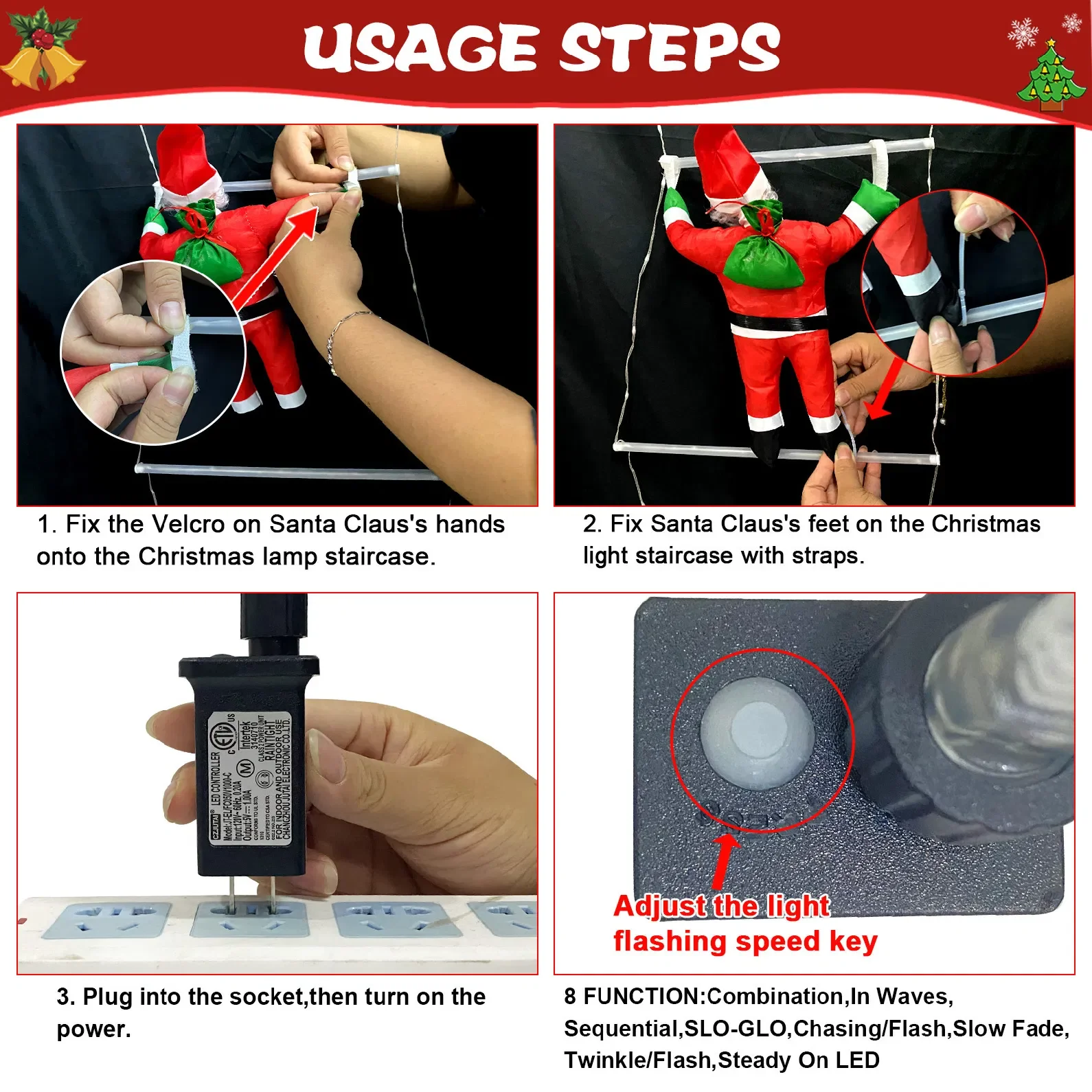 Christmas staircase ladder light outdoor decoration waterproof climbing Santa Claus doll pendant luminous led fairy light