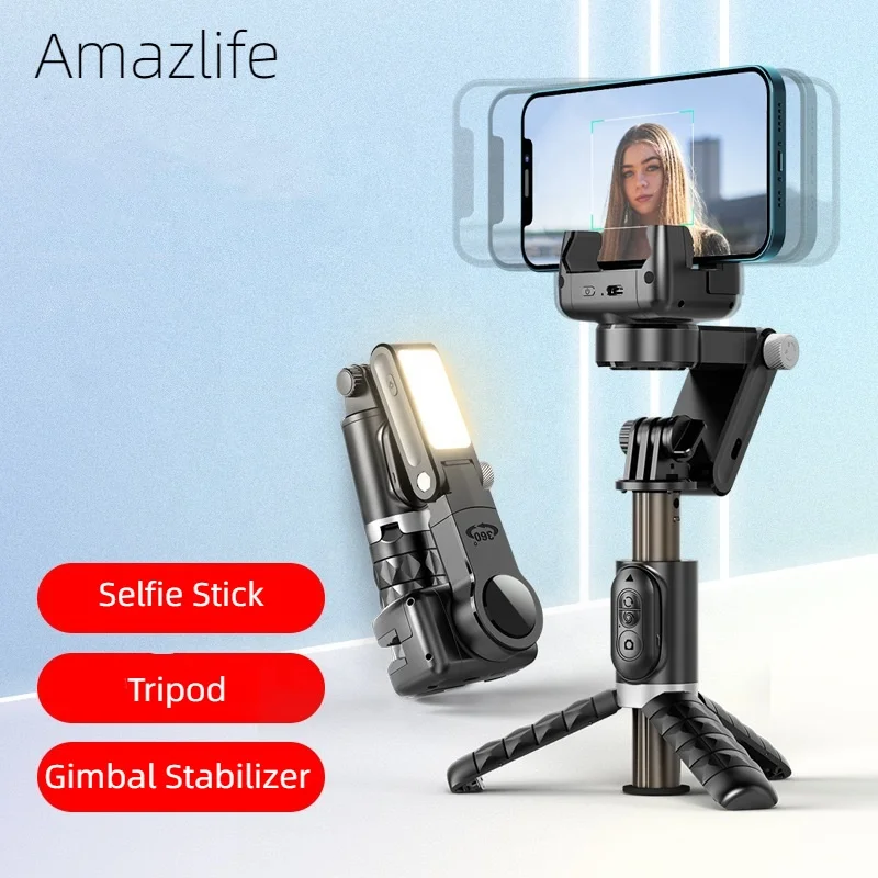 Amazlife Q18 Mobile Phone 360 Rotation Selfie Stick Tripod Gimbal Stabilizer with LED Fill Light
