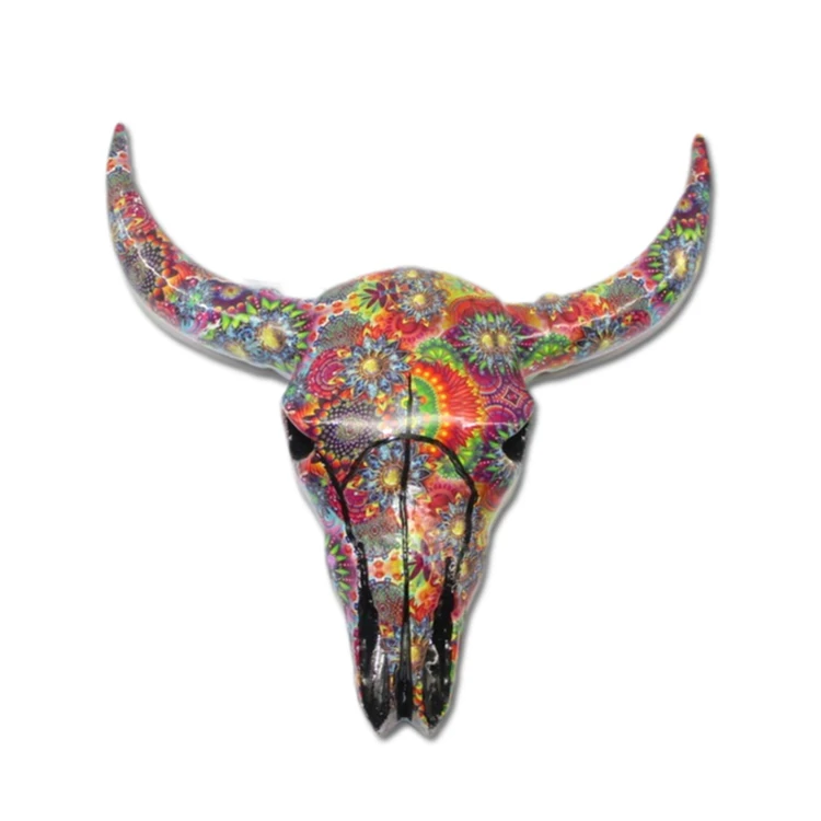 Wholesale custom colorful artificial  bull head sculpture resin cow bull skeleton head statue for home wall decor