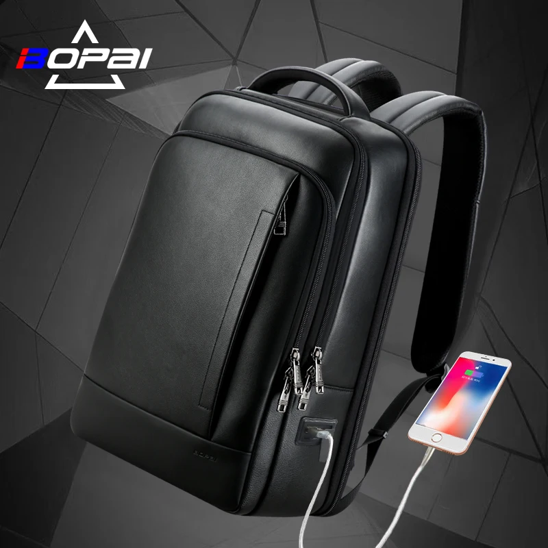 Bopai premium BSCI custom OEM business office men travel cowhide 15.6 usb charging expandable genuine leather laptop backpack