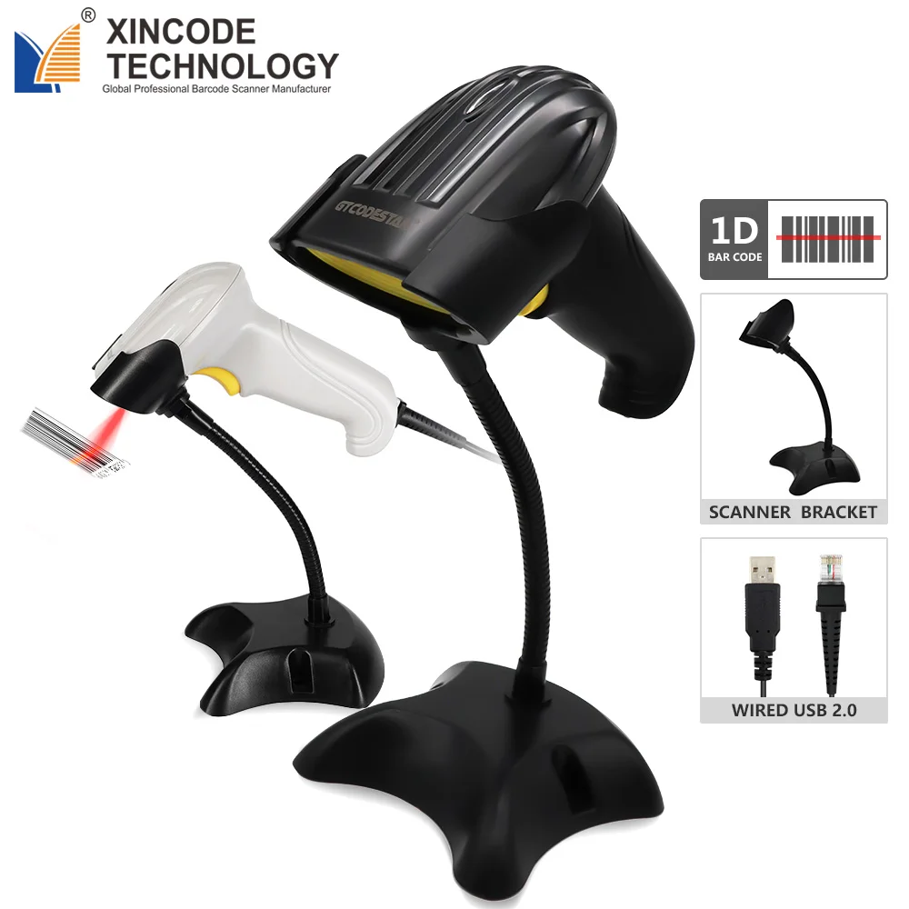 Xincode USB 1D Bar Code Scanning Gun Wired COMS Barcode Scanner with stand Laser Barcode Reader POS Handle Price Barcode Scanner