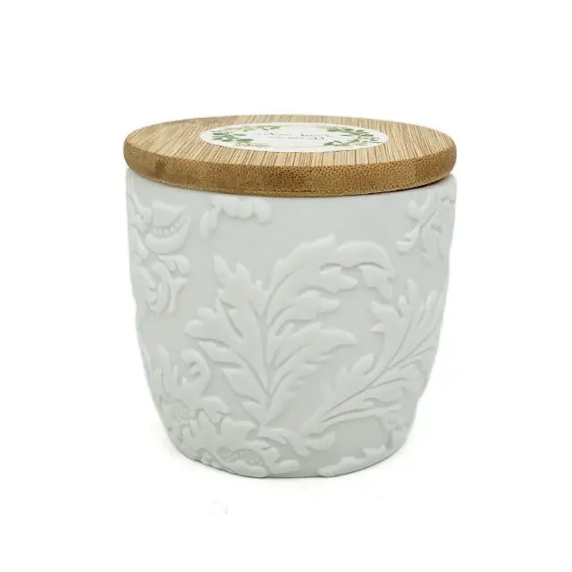 LTC16 Factory Hot Sale 4.8 oz White Embossed Leaf Ceramic Jar Soy Wax Aromatherapy Wax Can Be Used With Bamboo Lid