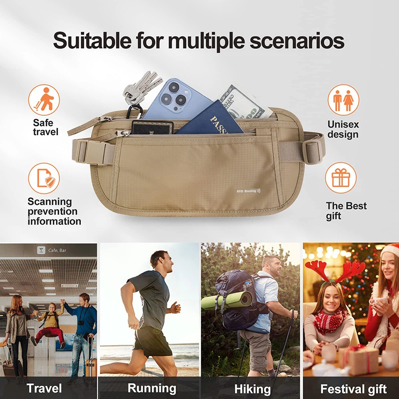 Custom Logo Men Women Travel Running RFID Blocking Money Belt Slim Fanny Pack Waist Wallet for Passport Holder Phone Cash