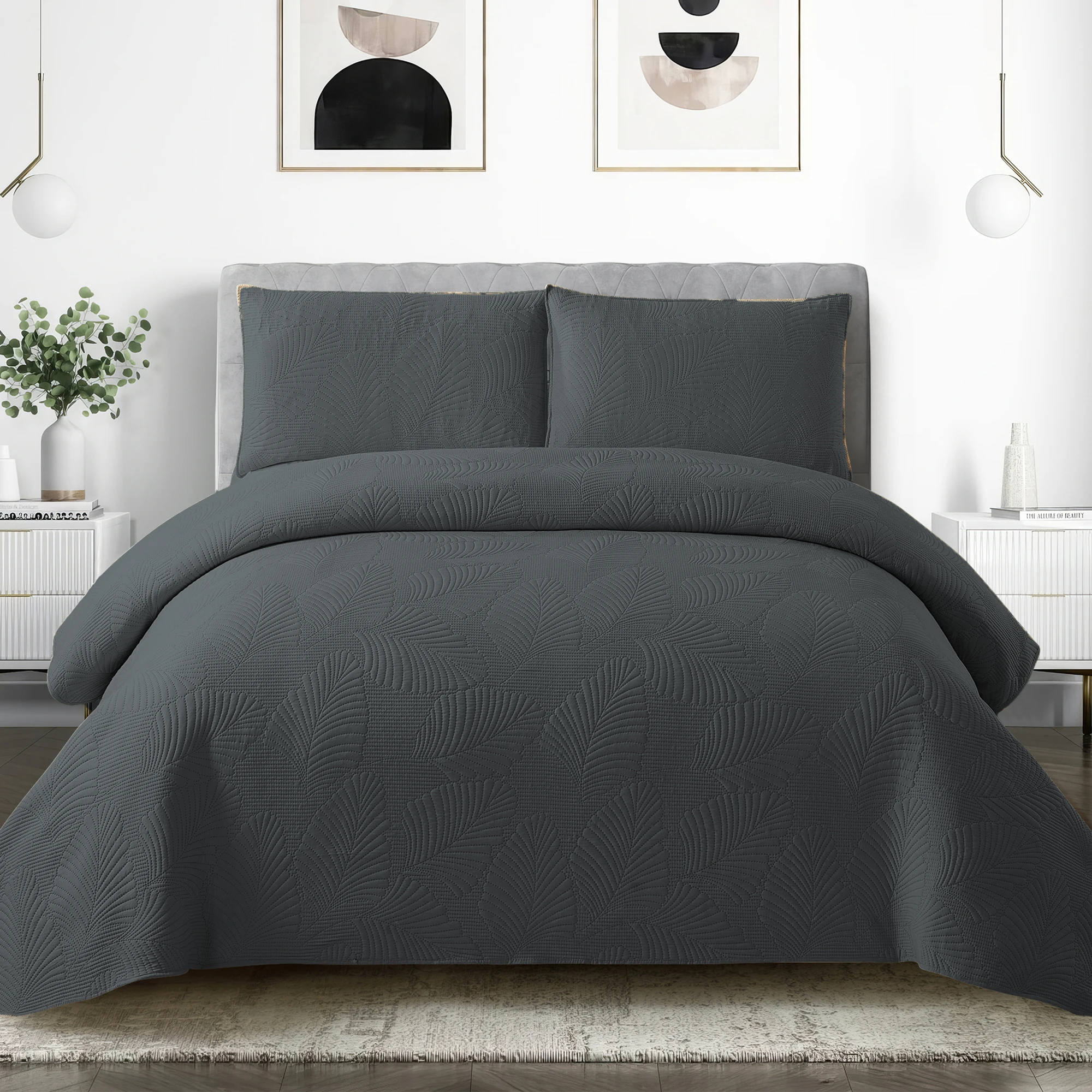 New Ultrasonic Embossed Microfiber Bedspread Set Banana Leaf Flower Pattern High Quality Soft Bed Cover