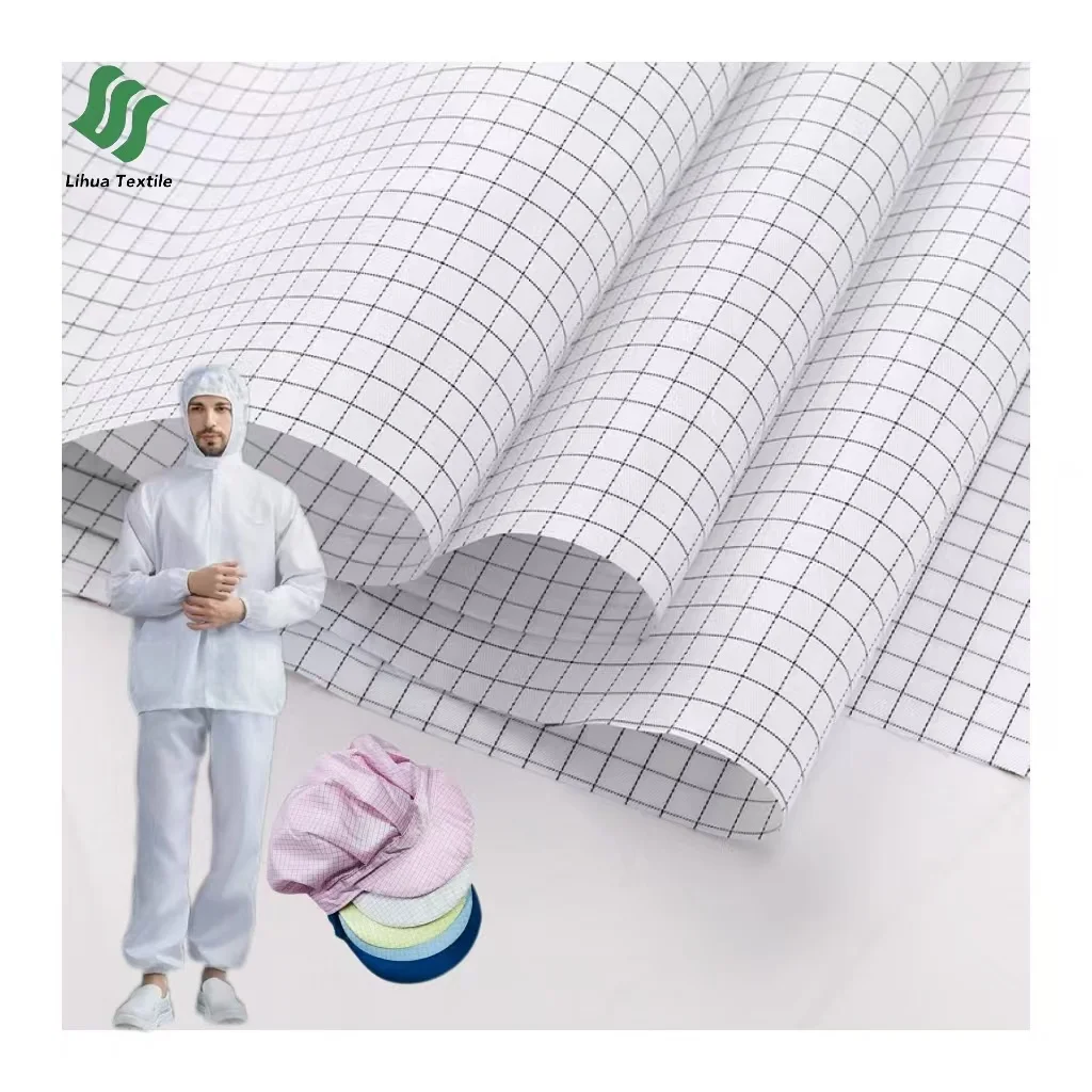 Chemical protective clothing white plaid antistatic coverall 99%polyester 1%carbon fabric for workwear