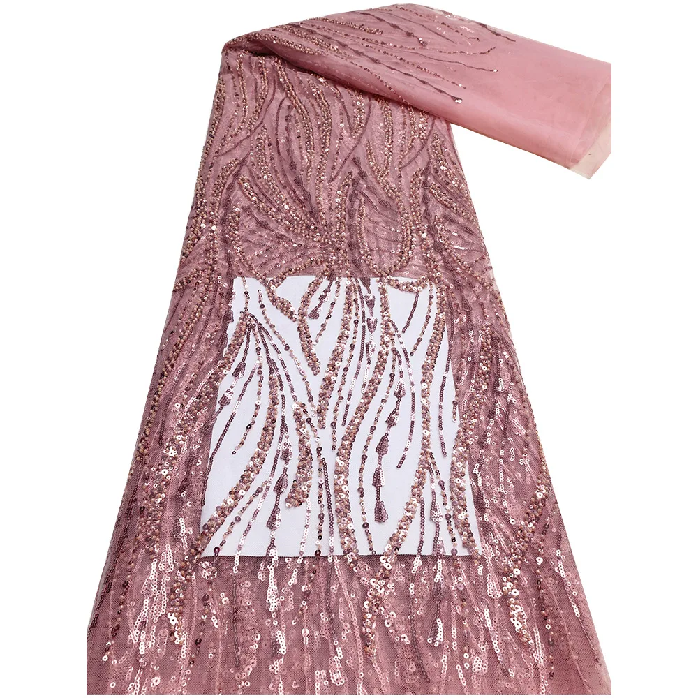 African Lace Fabric Evening Bead Fabric Lentejuelas de encaje de TUL bordadas Wedding Dress Purple Lavender Color Lace