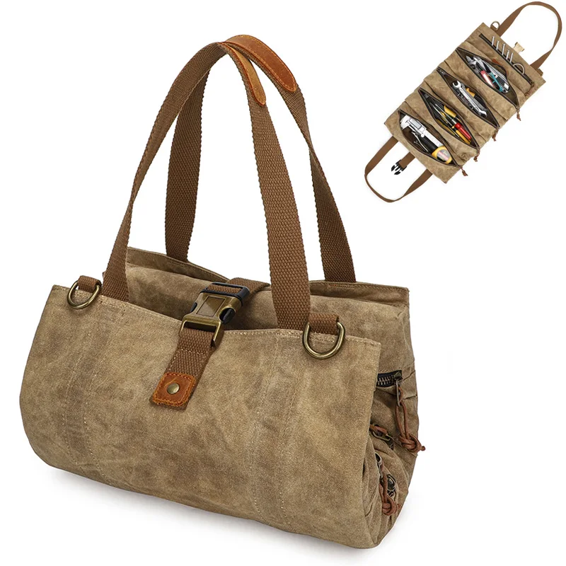 Durable Tool Organizers Waxed Canvas Heavy Duty Rolling Up Tool Bag Organizer For Mechanic Carpenter Electrician Hobbyist